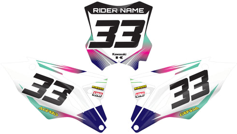 RETROCESO: Kit de gráficos para matrícula Kawasaki VERDE AZUL/ROSA