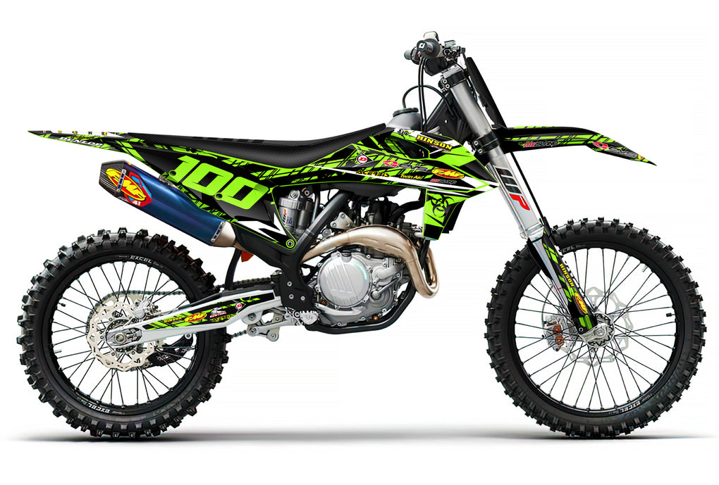 ISLAND STRIKE: BLACK/HIGHLIGHTER GREEN KTM Complete Graphics kit