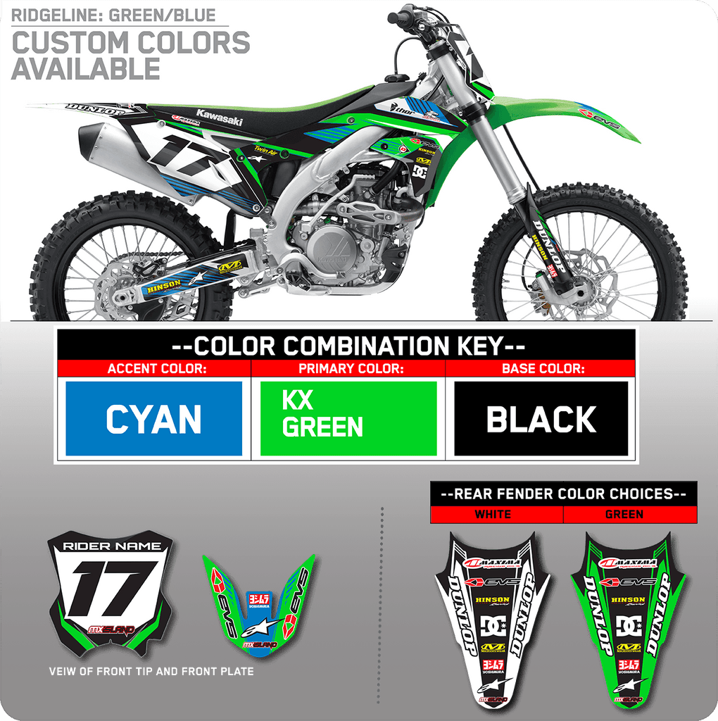 RIDGELINE: GREEN/BLUE Kawasaki Complete Graphics Kit